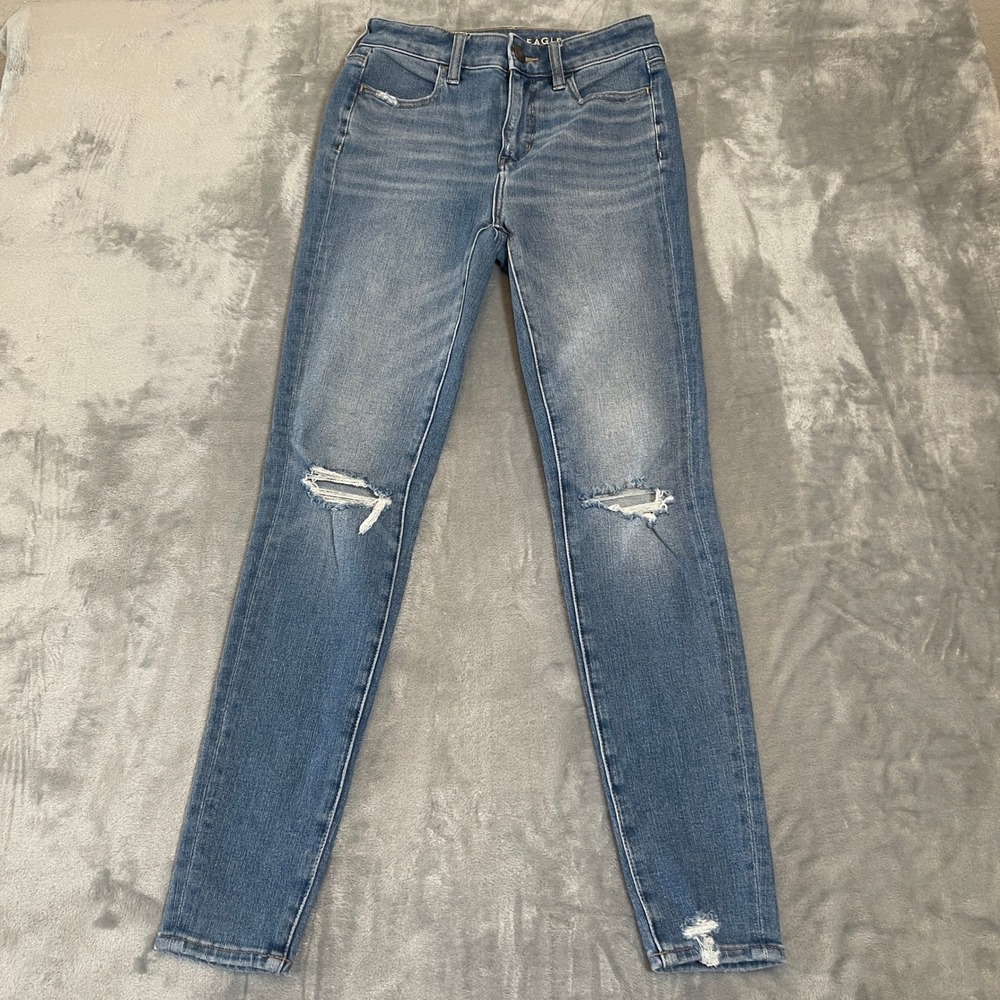 American Eagle Jeans Womens‎ Size 0 Regular High Waisted Ripped Blue Jeans